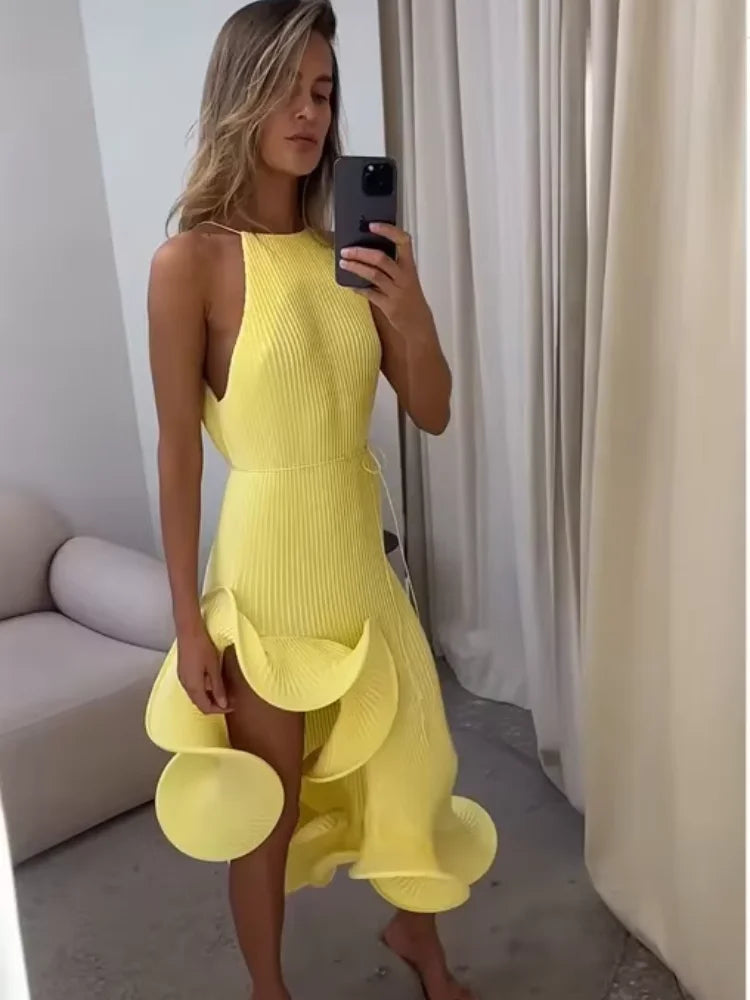 Romantic Halter Lace Up Maxi Dress Women Chic Ribbed Knit Ruffled High-slit Slim Long Dresses 2026 Lady Spring Trendy Vestidos