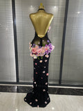 Black Khaki Women Sexy Halter Backless 3D Flowers Bodycon Long Maxi Dress Celebrate Evening Party Performance Costumes Wear