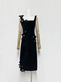 Slimming Patchwork Appliques Solid Dress for Women Square Collar Sleeveless High Waist Bodycon Sexy Evening Dresses Female