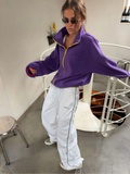 Casual Purple Fleece Jacket Womens Stand Collar Contrast Zip Loose Fit Pockets Coat Fall Winter Sporty Outdoor Streetwear Wear