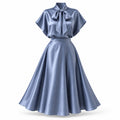 Satin Two Piece Sets for Women Bow Tie Mock Neck Blouse High Waist Flared A‑Line Maxi Skirt for Formal Banquet Party Wear