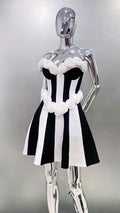 Women's Spring 3D White Rose Black White Striped Tube Top Skirt Fashion Elegant Dinner Party Bandage Performance Gown Robe Femme