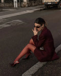 Burgundy Slim Fit Women Blazer Notched Lapel Single Breasted With Pockets Loose Hem Elegant Coat Banquet Outfit Female Clothing