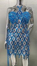 Women's Two-piece Peacock Blue Sequined Rhinestone Tube Top Halter Sheer Dress Fashion Hot Party Stage Performance Evening Gown
