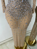 Sparkly Rhinestone Women Sexy Mesh See Through Floor Length Long Sleeve Birthday Dress Party Nightclub Stage Wear