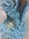 Women Sexy Strapless Sky Blue Diamonds Mesh Mini Dress Luxury Birthday Evening Party Costume Bar Nightclub Singer Stage Outfit