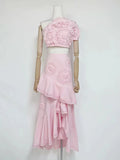 Elegant Pink Two Piece Set for Women Lace Trim Tube Top Asymmetrical Tiered Ruffles Midi Skirt Outfits for Beach Getaways