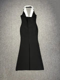 Black Color Women Sexy Halter Backless V-Neck Bodycon Long Bandage Maxi Dress High Street Elegant Evening Party Wear