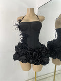 Black Bandage Floral Hather Top Short Skirt Set Women Sexy Backless Knitted Two Pieces Bandage Outfit Nightclub Wear