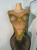 Sparkly Rhinestones Gold Black Long Dress Women Evening Prom Birthday Gown Sexy Transparent Performance Costume Stage Wear