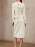 Minimalist Style Two Piece Set Female O Neck Long Sleeve Top with Button High Waist Split Bodycon Office Skirts Suit Female