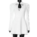 White Lace Up Short Dress Women's Elegant Stand Collar Long Sleeve Slim A Line Party Evening Gown Retro Summer Dress