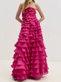 Solid Color Tierred Long Dresses For Women Strapless Sleeveless High Waist Patchwork Long Casual Dress Female Fashion