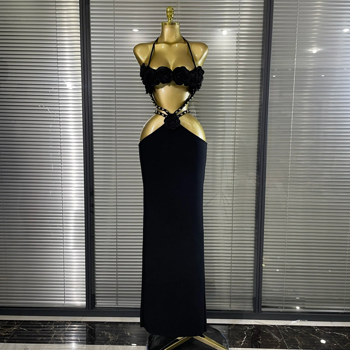 New Style Women Sexy Halter Florals Golden Sequined Bodycon Long Bandage Dress Nightclub Party Celebrate Vacation Birthday Wear
