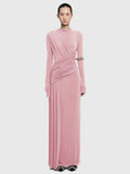 Elegant Slim Fit Folds Irregular Long Dress Fashion Women Long Sleeve Diagonal Collar Robes 2025 Chic Party Banquet Wear