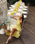 Elegant Women's Halter Ruffles Midi Dress Pleated Irregular Slit Dresses Evening Wedding Guest Pink Yellow Blue Party Prom 2026