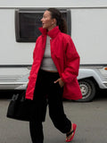 Red Oversized Puffer Jacket Stand Collar Single-breasted Elastic Cuff Loose Warm Winter Coat Casual Women Street Outerwear 2026