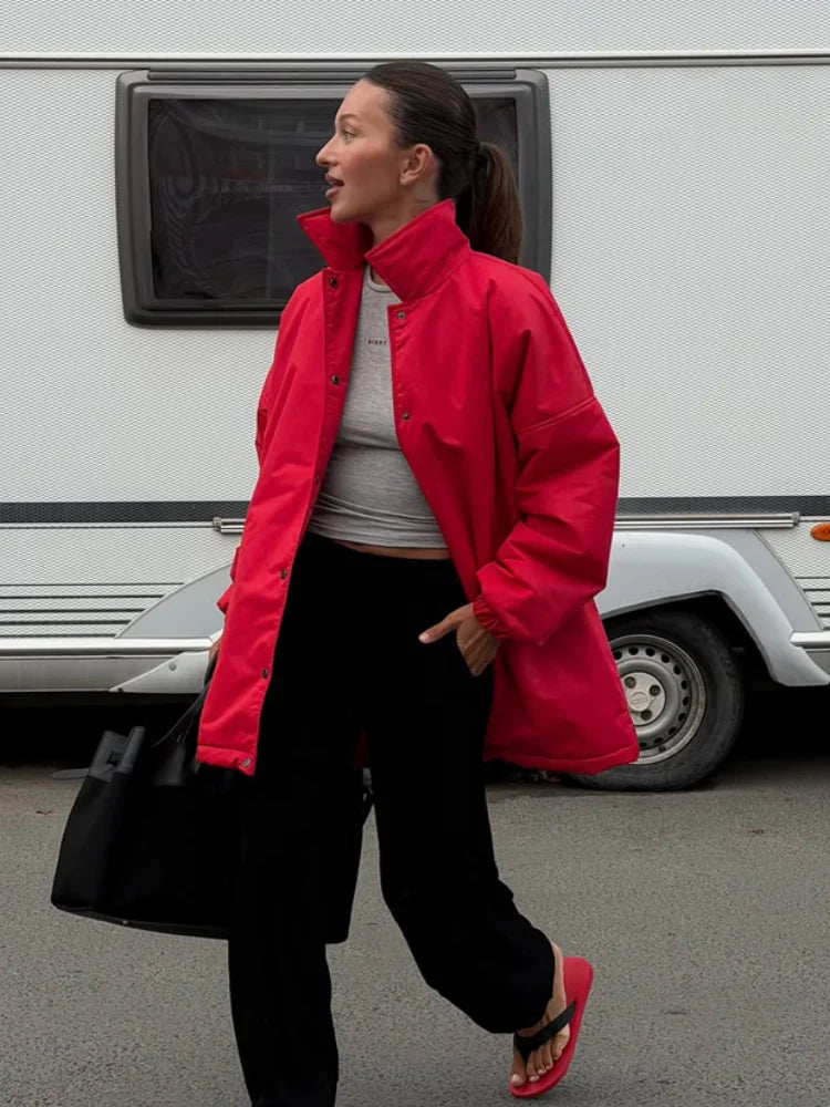 Red Oversized Puffer Jacket Stand Collar Single-breasted Elastic Cuff Loose Warm Winter Coat Casual Women Street Outerwear 2026