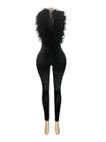 Sexy Feather Patchwork Jumpsuit Women Deep V-Neck Halter Backless Stretch Skinny Street Midnight Activity Clubwear