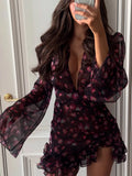 Elegant Flora Painted Ruffle Mini Dress Women Sexy Full Sleeve Deep V-neck Slim Short Robe 2026 Summer New Lady Party Club Wears