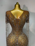 Luxury Sparkly Rhinestones Tassel Transparent Mesh Stretch Long Dress Women Evening Celebrate Birthday Dress Sexy Stage Costumes