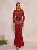 Luxury Diamonds Bandage Formal Evening Dress Mesh Long Sleeves Mermaid Women's Gowns Elegant Wedding Party Dress