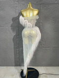 Sexy Sheer Mesh Pearl Beaded Feather Trim Strapless Mermaid Evening Dress for Birthday Party