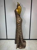 Women Sexy Sleeveless Halter Backless Leopard Sequin Mermaid Maxi Long Dress Bodycon Evening Party Celebrity Elegant Dress