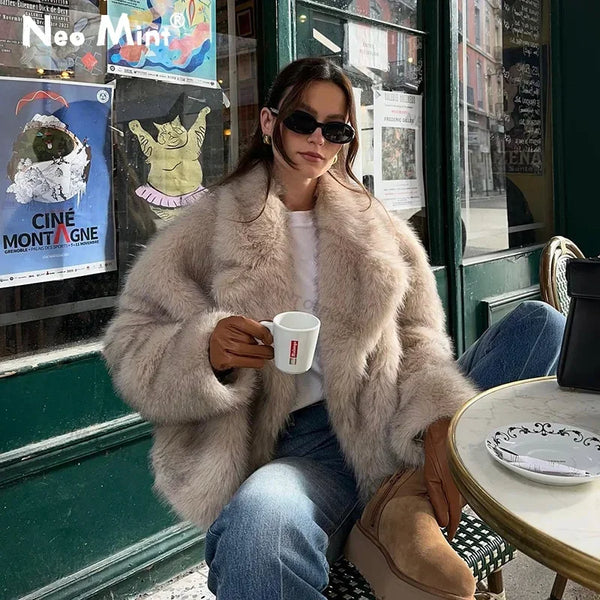 Chic Street Girls Gradient Faux Fur Jacket Women Winter 2026 Fashion Fluffy Fox Fur Coat Female Luxury Outerwear