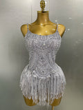 Sparkly Silver Rhinestones Pearl Tassels Bodysuit 2025 New Women Sexy Eveing Birthday Party Nightclub Stage Performance Costume