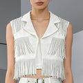 White Fringe Modern Two Piece Set for Women Nitched Collar Sleeves Tank Top Tiered Designmid Skirt Suit for Art Exhibitions