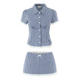 Solid Two Peice Set for Women Lapel Short Sleeve Shirt Low Waist Spliced Fungus Edge Mini Skirt Sweet Suit Female