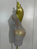 Sexy Sparkly Rhinestone Sleeveless Mesh See Through Mini Dress Luxury Birthday Dress Celebrate Party Club PhotoShoot Stage Wear