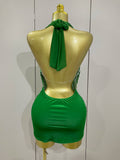 Sexy Sparkly Rhinestones Halter Backless Mesh Velour Short Dress Women Evening Prom Celebrate Birthday Party Stage Wear
