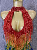 Sexy Rainbow Gradient Fringe Halter Bodysuit Rhinestone Choker Women Stage Performance Carnival Party Outfit
