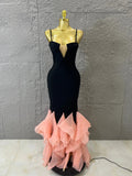 Elegant Bandage Mermaid Dress with Nude Mesh V-Neck and Pink Tulle Ruffle Bottom for Prom Formal Dinner Event Outfit