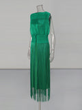Solid Spliced Tassel Dresses Suit for Women O Neck Sleeveless High Waist Long Dress with Sling Two Piece Set Female