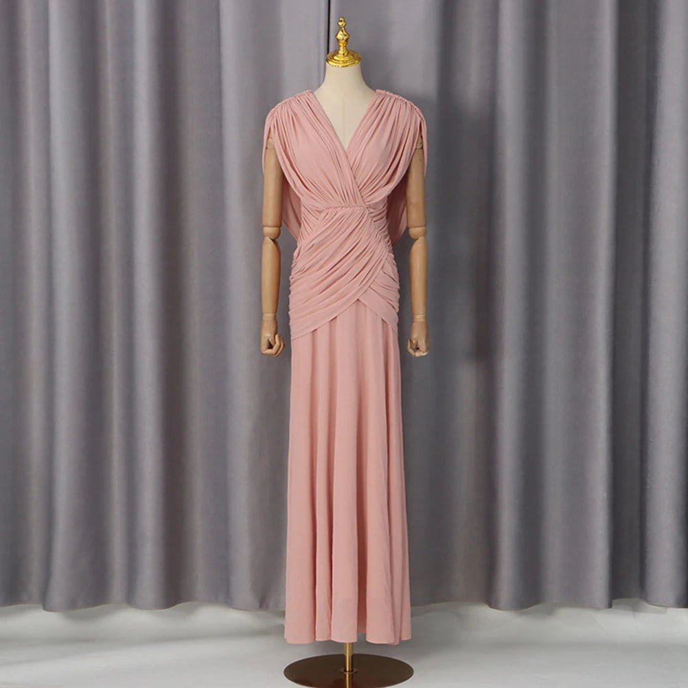 2026 Summer New Ruched Maxi Dress Women Draped Sleeveless V Neck Elegant Folds Dresses Formal Evening Party Gown