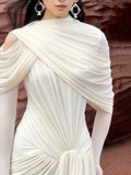 Apricot Spliced Mesh Folds Shawl Design Long Dresses For Women Sleeveless High Waist Temperament Maxi Dress Female 2026