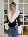 White Faux Curly Fur Bodysuit Women Chic Solid Deep V Long Fluffy Sleeves Shorts Bodysuit 2026 Lady Party Street Matching Suit