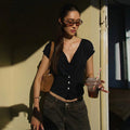 Women Summer Top Fashion Button-Front Patchwork V-Neck Pleated Fitted Top New Casual High-Street Party Female T-Shirts