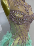 Women Sparkly Rhinestone Eveing Birthday Party Nightclub Bar Stage Costume Sexy Sleeveless Mesh Ruffled See Through Long Dress