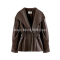 Autumn 2026 Chocolate Brown Elastic Cinched Waist Faux Leather Peplum Jacket Women PU Leather Blazer Trench Coat Female