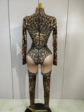 Sexy Sparkly Diamonds Leopard Print Bodycon Stretch Jumpsuit Women Eveing Party Nightclub Singer Dancer Stage Performance Outfit