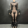 New Sexy See-through Red Fur Stone Club Wear Jumpsuit Long Women's Jumpsuit Rhinestone Mesh Jumpsuit