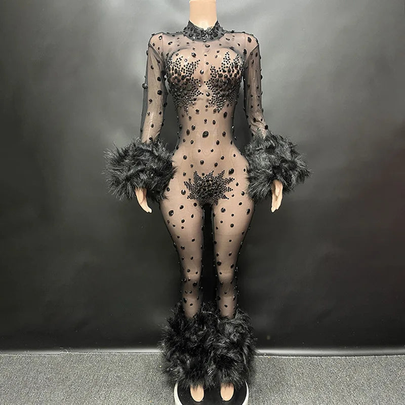 New Sexy See-through Red Fur Stone Club Wear Jumpsuit Long Women's Jumpsuit Rhinestone Mesh Jumpsuit