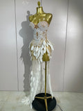 Luxury Sparkly Diamonds Pearls Strapless Mesh Maxi Dress Elegant Eveing Birthday Party Sexy Nightclub Performance Stage Costume