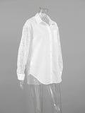 Office Spliced Back Sheer Hollow Blouse for Women Lapel Long Sleeve Patchwork Single Breasted Shirt Female 2026 New