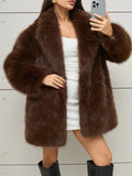 Luxury Faux Fur Shawl Lapel Midi Coat for Women Long Sleeve PU Leather Tie Waist Belt for Winter Daily Party Going Out Wear