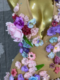 3D Floral Rhinestone Halter Maxi Bodysuit Dress Women Deep V Mesh See-Through Long Gown Carnival Rave Festival Performance Costume